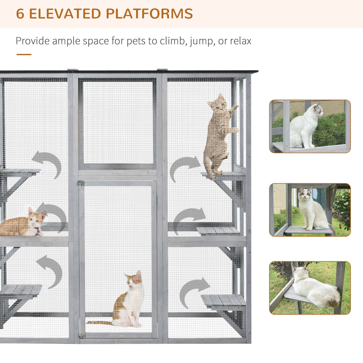 PawHut Wooden Catio Cat Outdoor Enclosure, Cat Cage with Waterproof Roof, Platforms, for Multiple Kittens, 180 x 98 x 180 cm