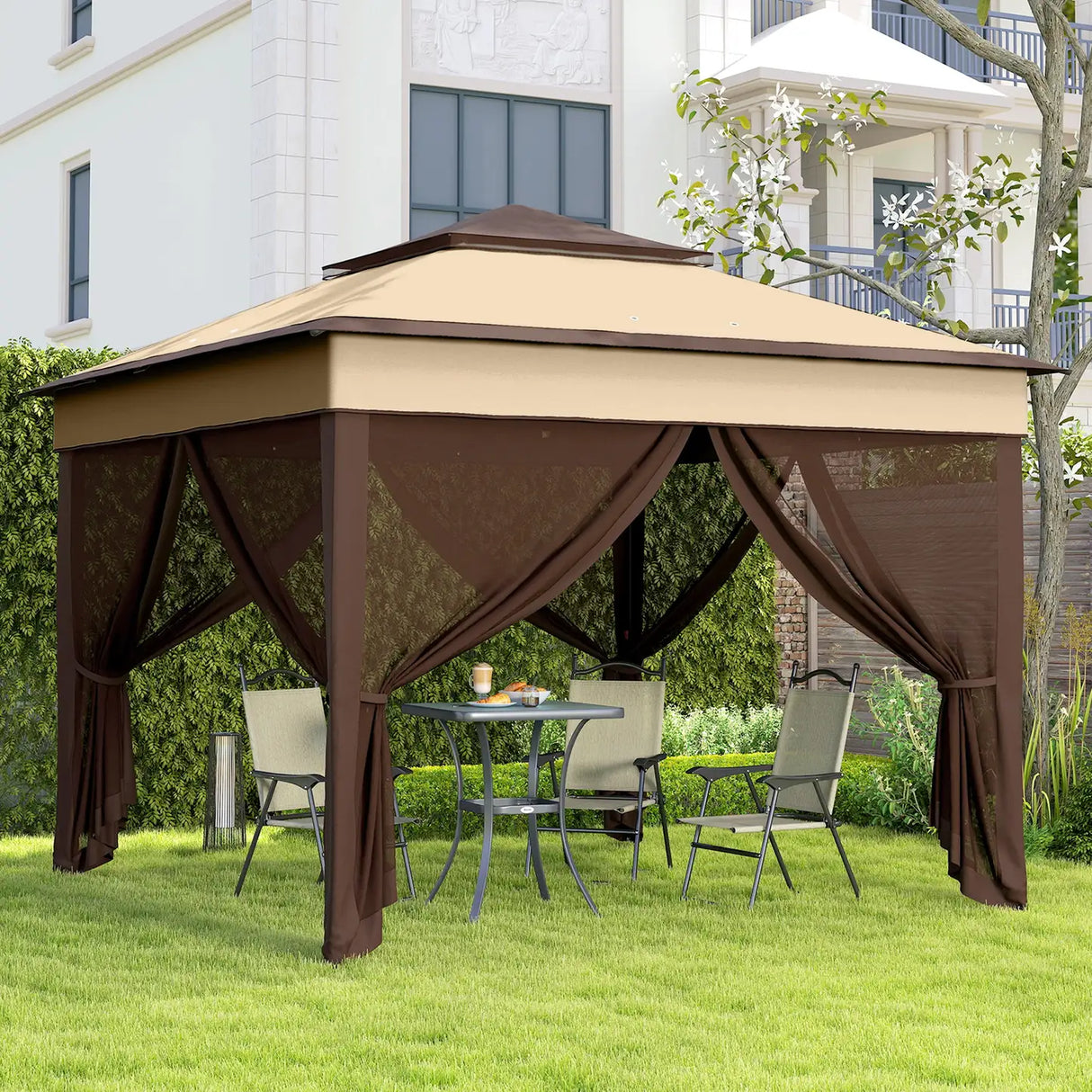 Outsunny 3 x 3(m) Pop Up Gazebo, Height Adjustable Instant Event Shelter with Netting and Carrying Bag, Beige