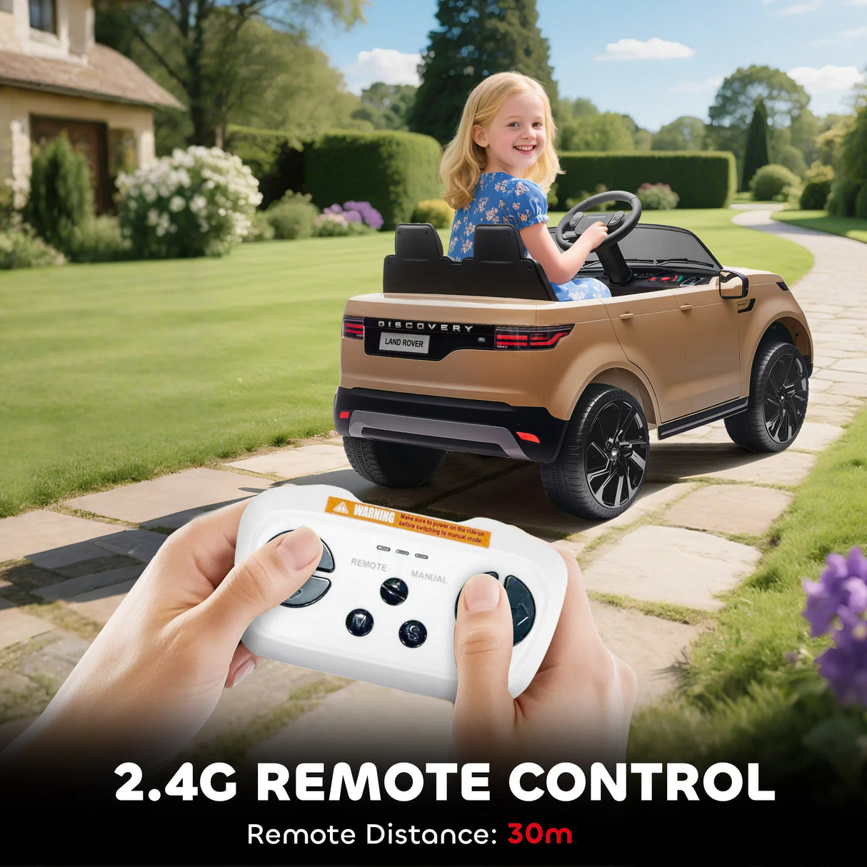 AIYAPLAY Land Rover Discovery Licensed 12V Kids Electric Car with Remote, 4 Wheel Suspension, Slow Start, Lights, Music, Khaki