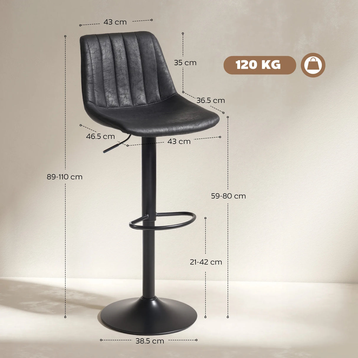 HOMCOM Set of 2 Leathaire Tub Bar Stools - Black