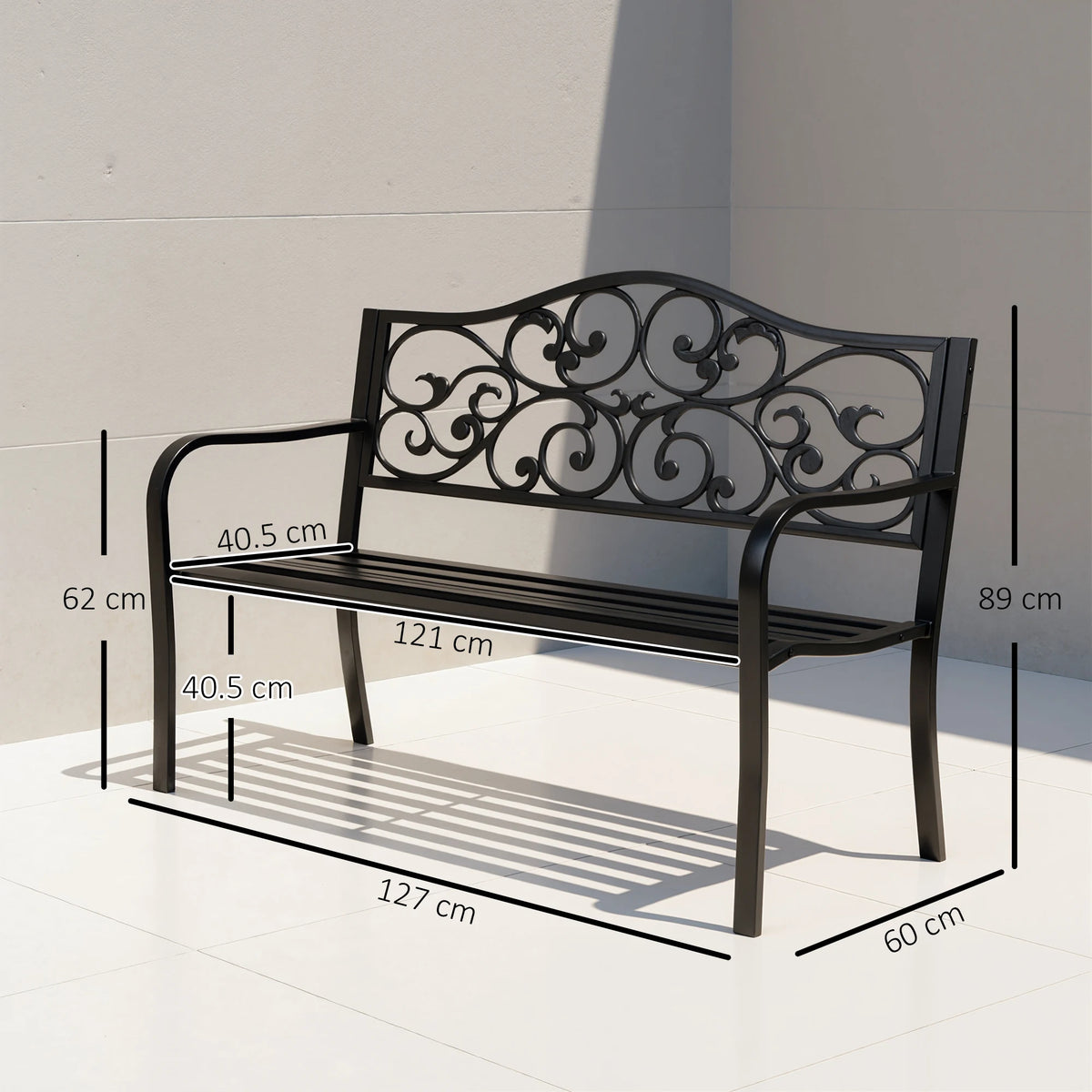 Outsunny Metal Garden Bench with Floral Backrest and Armrests - Black