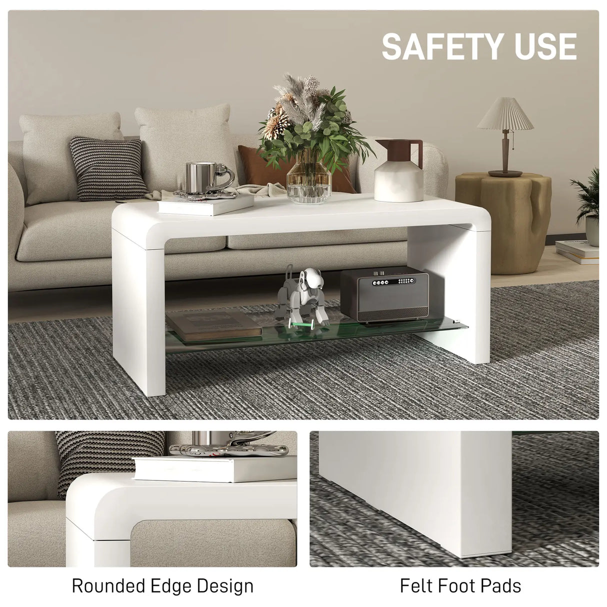 HOMCOM Curved Two-Tier Coffee Table - High Gloss White