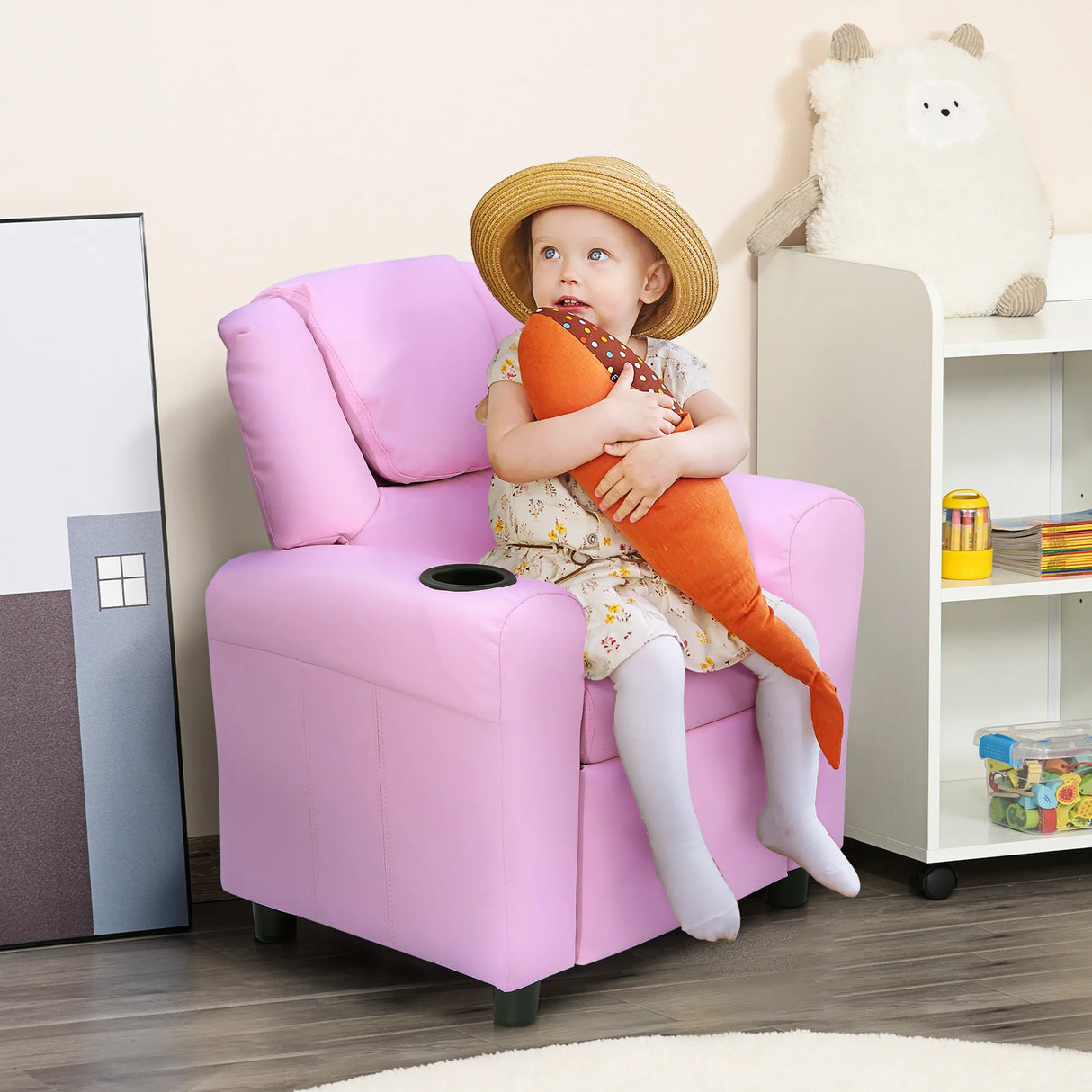 HOMCOM Kids Recliner Chair, PU Leather with Adjustable Backrest, Footrest, Padded Headrest, Pink