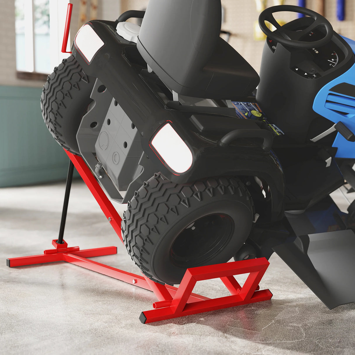 HOMCOM 400 kg Foldable Ride-On Mower Jack Lift, Adjustable Steel Lifting Device, for Lawn Mower, ATV, Red