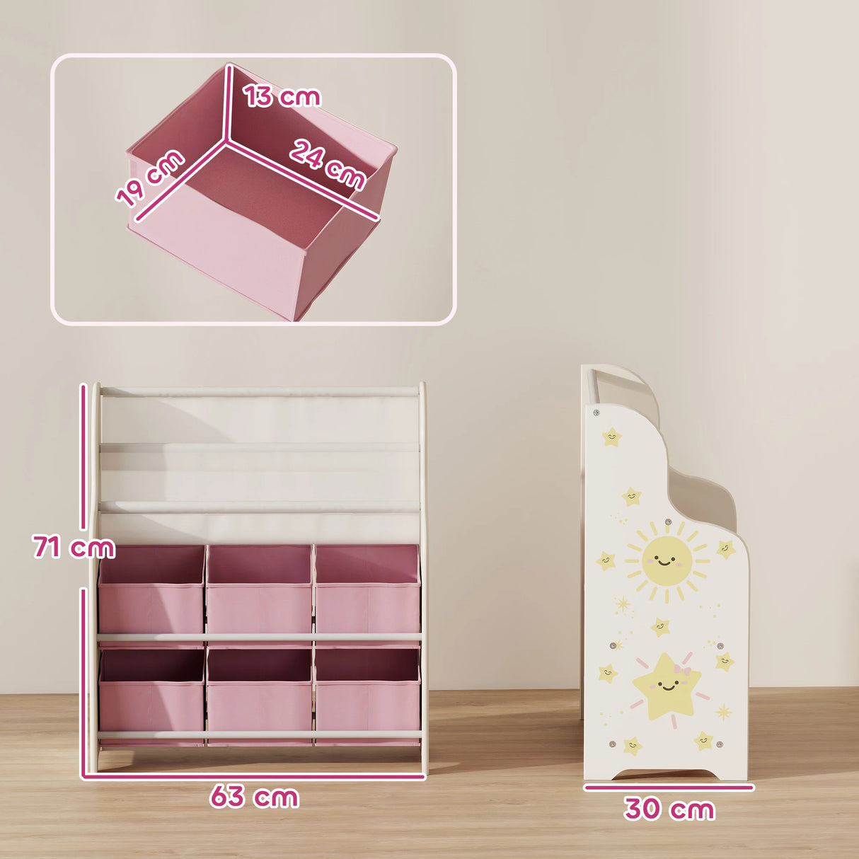 AIYAPLAY Kids Storage Unit, Toy Organiser with 6 Fabric Drawers and 2-Tier Sling Book Rack for Bedroom, Playroom, Nursery, Pink