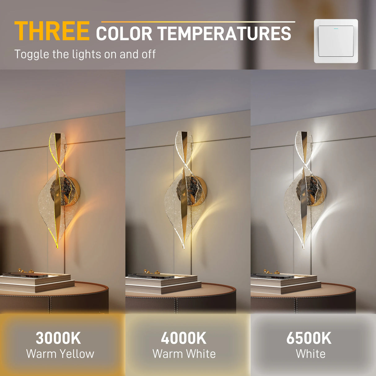 HOMCOM Led Wall Lamp 2 Pack, 13W Modern Indoor Spiral Wall Light, Colour Temperature Adjustable 3000K/4000K/6500K, for Bedroom, Living Room, Hallway, Stairs, Gold Tone