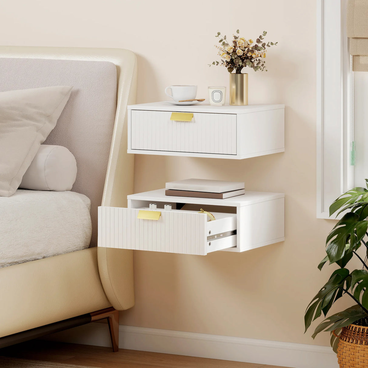 HOMCOM Modern Floating Nightstands Set of 2, Wall Mounted Bedside Tables with Wave Drawer White