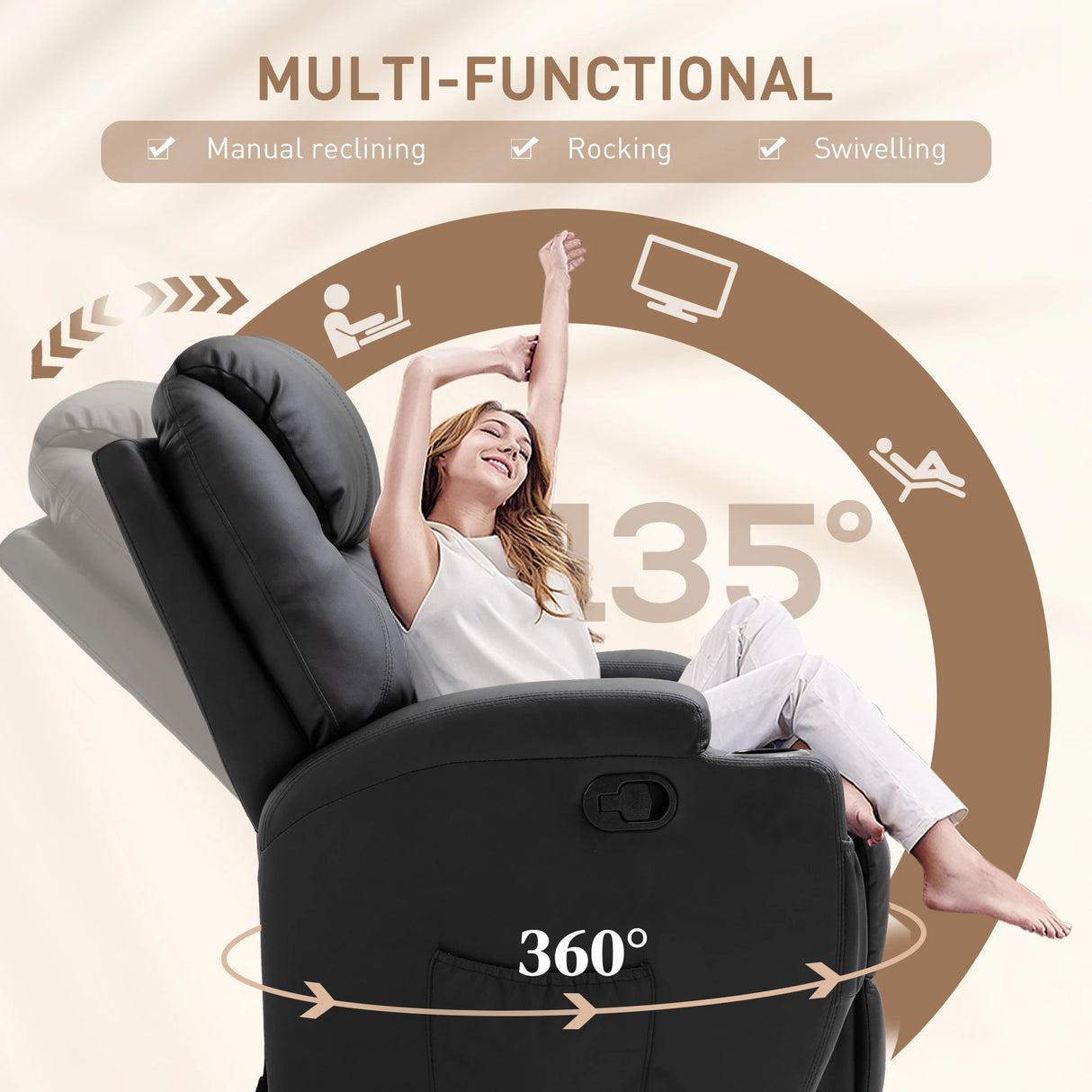 HOMCOM Recliner Chair, Recliner Massage Rocker Chair with 360 Rotate, 165 Reclining Function, Adjustable Footrest, Swivel Armchair Single Sofa for Living Room with Drink Holders, Side Pockets, Black