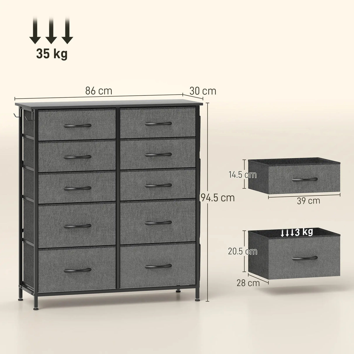 HOMCOM Chest of Ten Fabric Drawers - Charcoal Grey