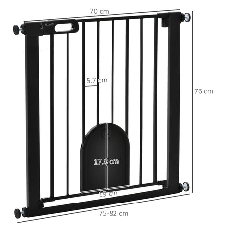 PawHut Dog Gate with Cat Flap Pet Safety Gate Barrier, Stair Pressure Fit, Auto Close, Double Locking, for Doorways, Hallways, 75-82 cm Black