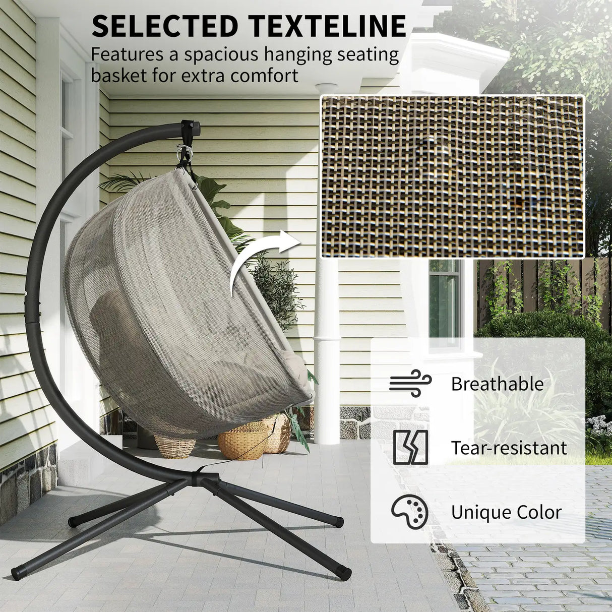 Outsunny Double Hanging Egg Chair 2 Seaters Texteline Swing Hammock Chair with Stand, Cushion and Folding Design, for Indoor and Outdoor, Brown