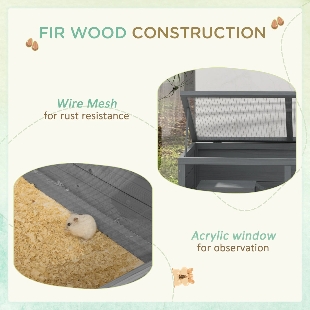 PawHut Wooden Hamster Cage with Sliding Tray, Openable Top, Hut for Syrian Hamster, Grey