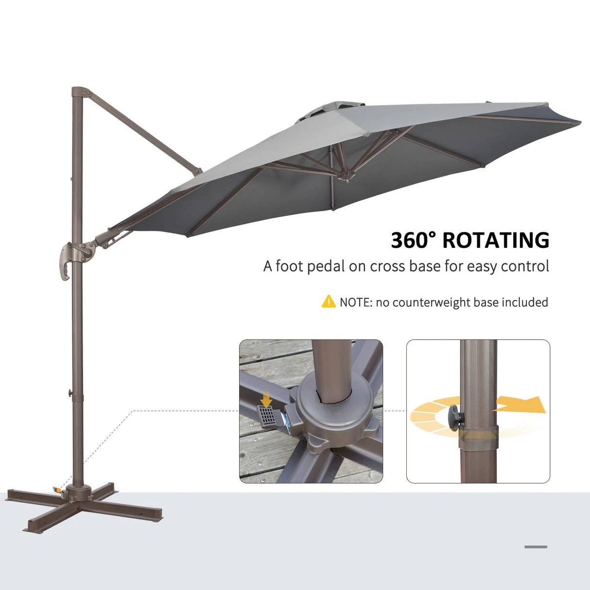 Outsunny 3(m) Cantilever Parasol 360 Rotation Roma Umbrella Hanging Sun Shade with Aluminium Frame, Tilt Crank, 8 Ribs and Cross Base, Dark Grey