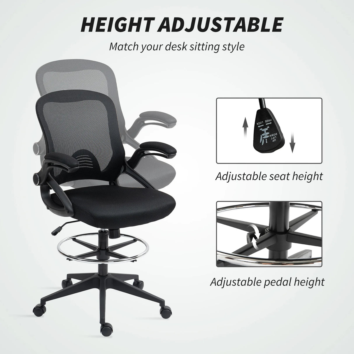 Vinsetto Drafting Chair with Flip-up Armrest, Mesh Office Stool with Foot Ring, 360 Degree Swivel Height Adjustable Chair for Standing Desk, Black