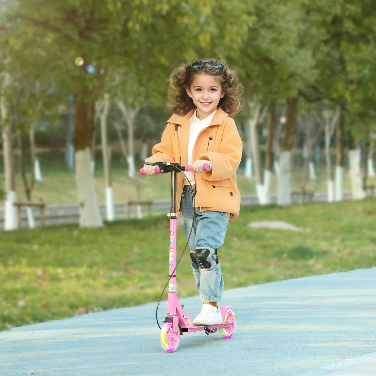 AIYAPLAY Scooter for Kids Aged 3-8 Years, with Adjustable Handle, Two Light Up Wheels, Handbrake, Rear Brake, Pink