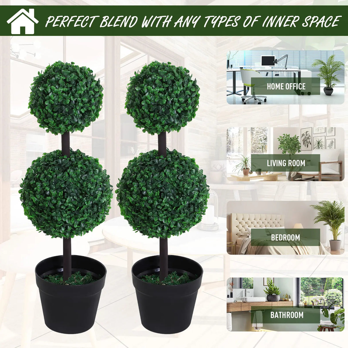 Outsunny Set of 2 Artificial Boxwood Ball Topiary Trees Potted Decorative Plant Indoor Dcor (67cm)