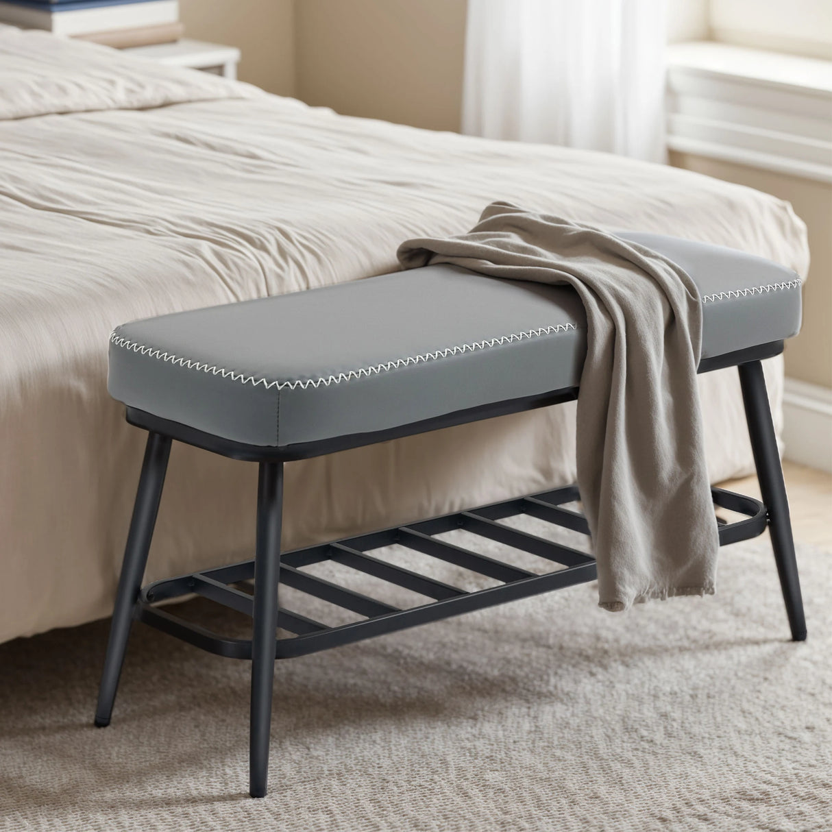 HOMCOM PU Leather Shoe Storage Bench - Grey