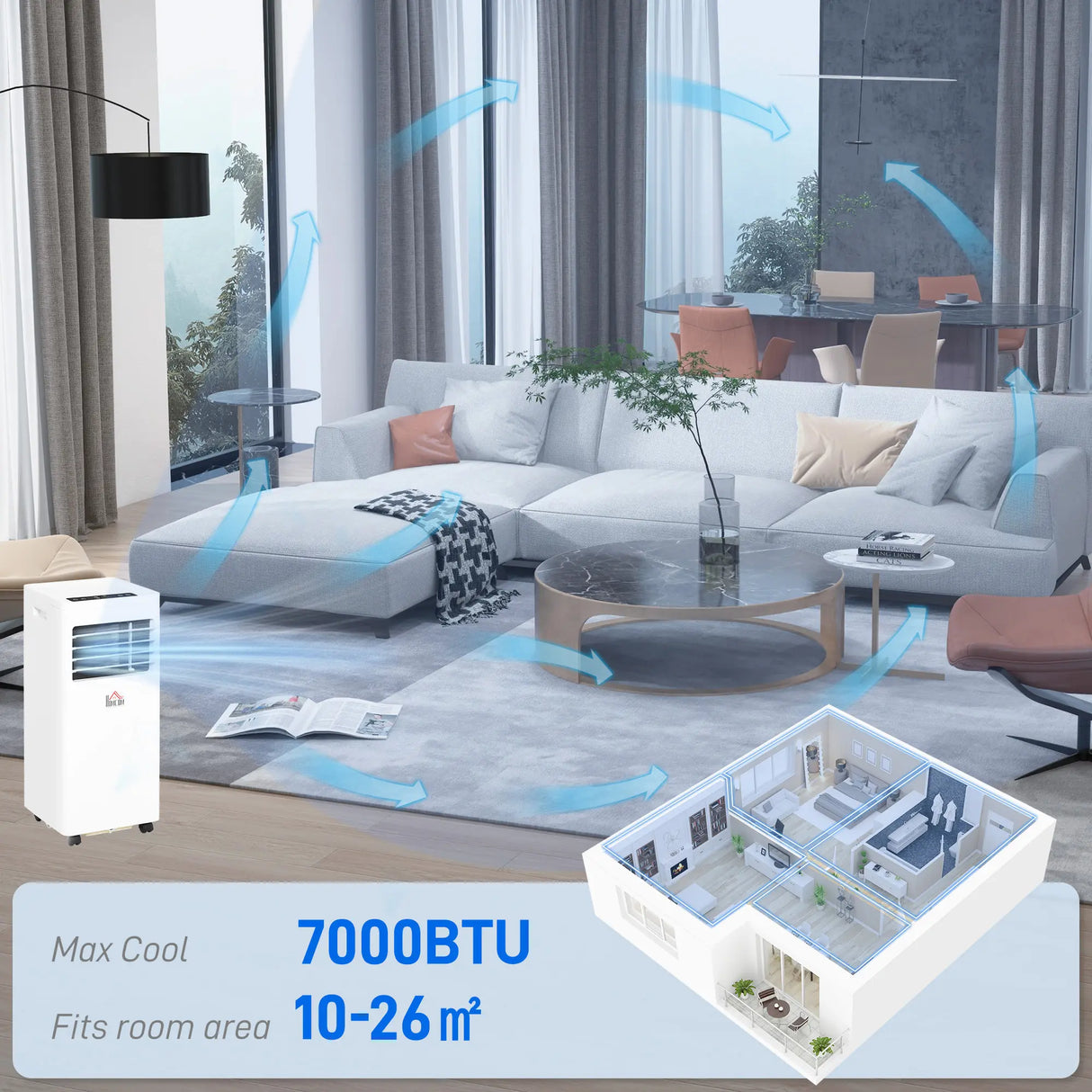 HOMCOM 7000 BTU Air Conditioning Unit, 3-in-1 Portable Air Conditioner, Dehumidifier, Cooling Fan with 2 Speeds, 24H Timer, Remote Control, Digital Display, Window Venting Kit, 26m2