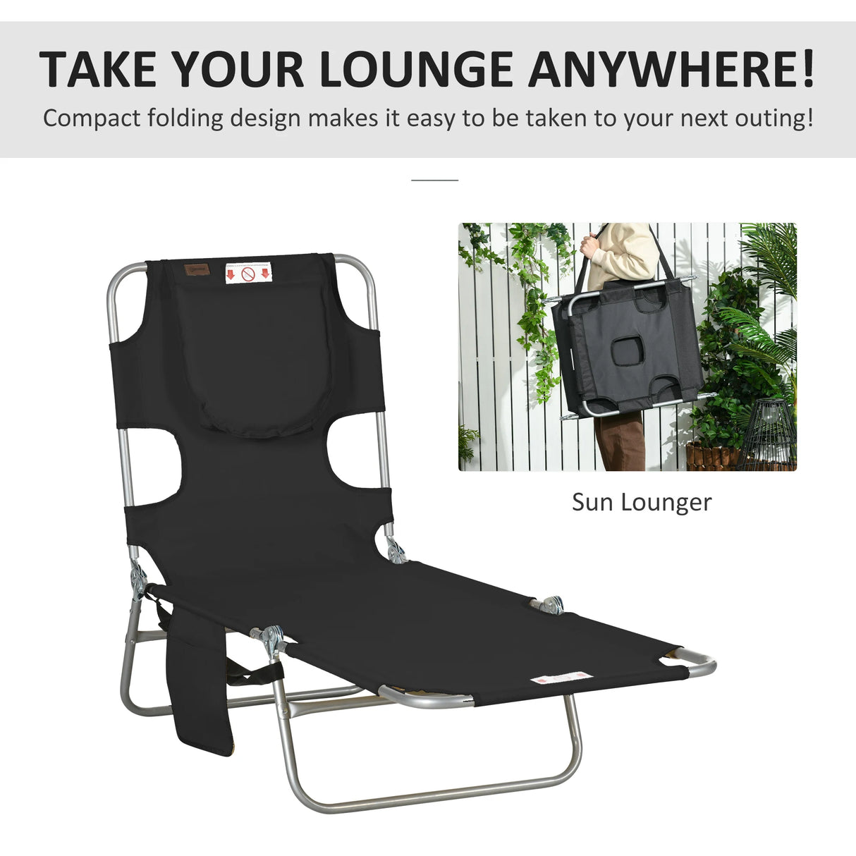 Outsunny Foldable Sun Lounger, Beach Chaise Lounge with Reading Hole, Arm Slots, 5-Position Adjustable Backrest, Side Pocket, Pillow for Garden, Beach, Pool, Black