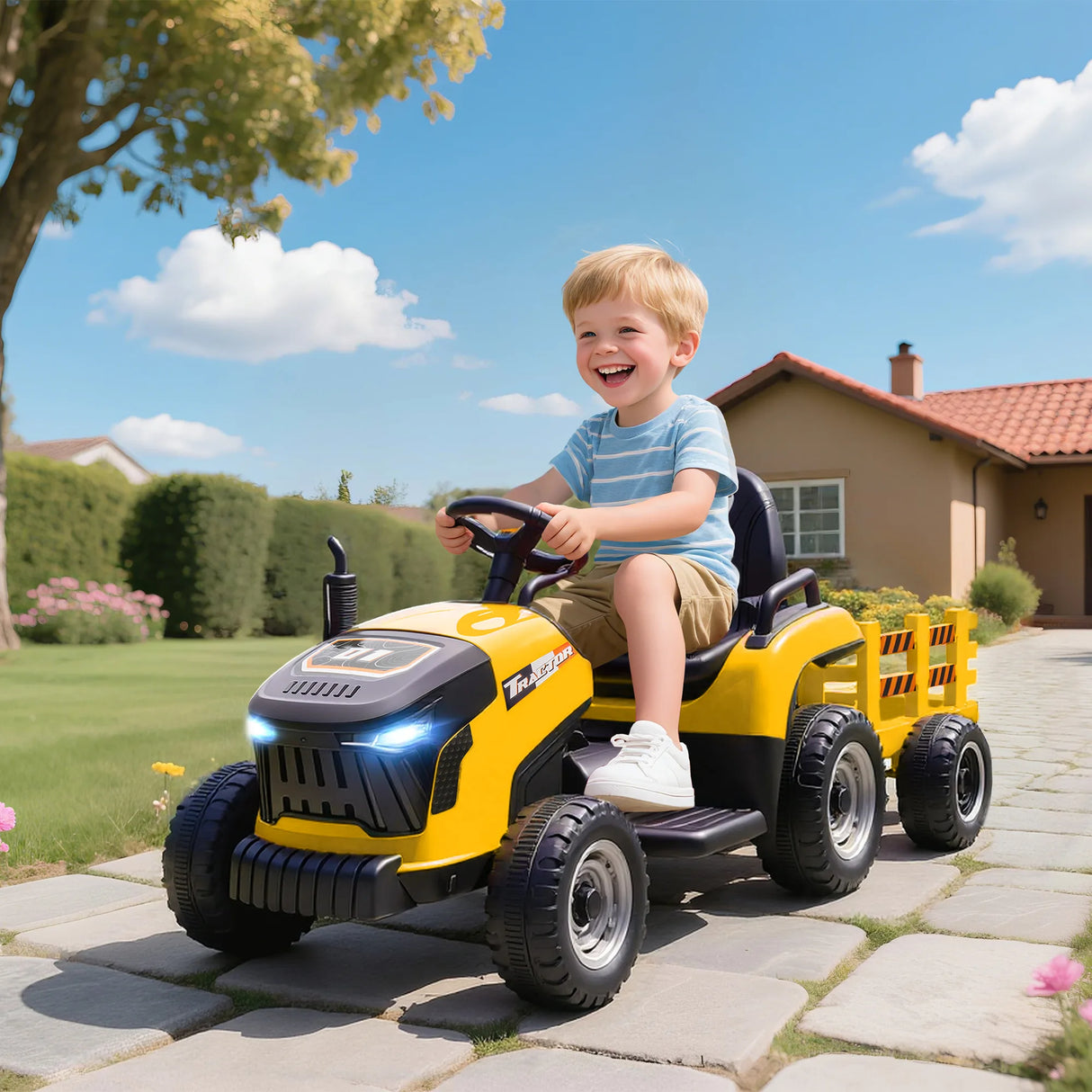 AIYAPLAY 12V Ride on Tractor and Trailer with Remote Control, Music, Shifter, Start-Up Sound, for Kids Ages 3-8 Years, Yellow