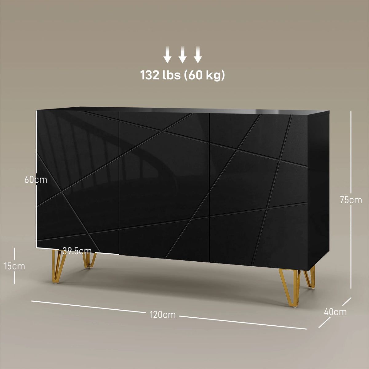 HOMCOM Modern Luxe High Gloss Sideboard, with Hairpin Legs - Black