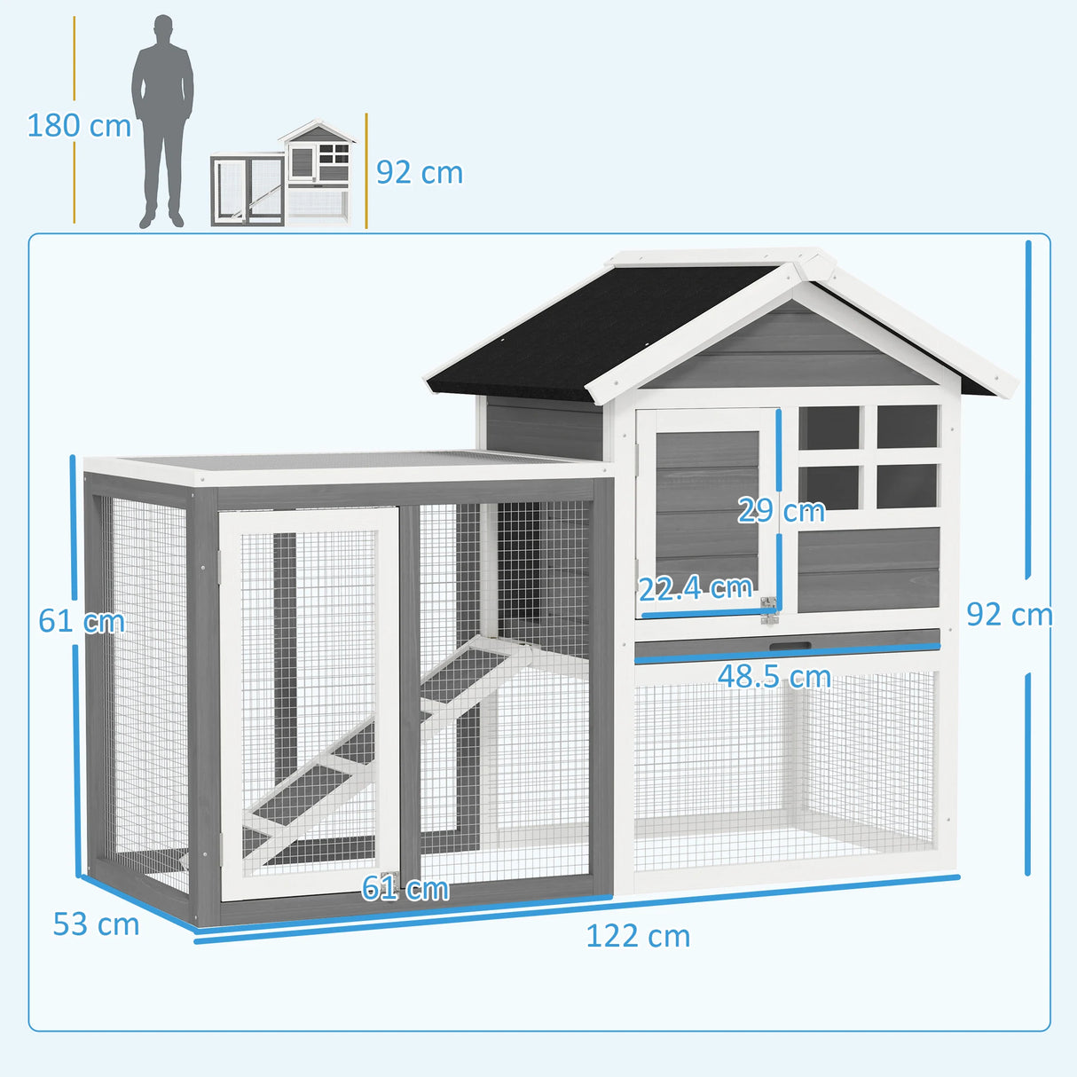 PawHut Rabbit Hutch Outdoor Wooden Guinea Pig Hutch Rabbit Run Bunny Cage Small Animal House Pull-Out Tray, Grey, 122 x 62.6 x 92 cm