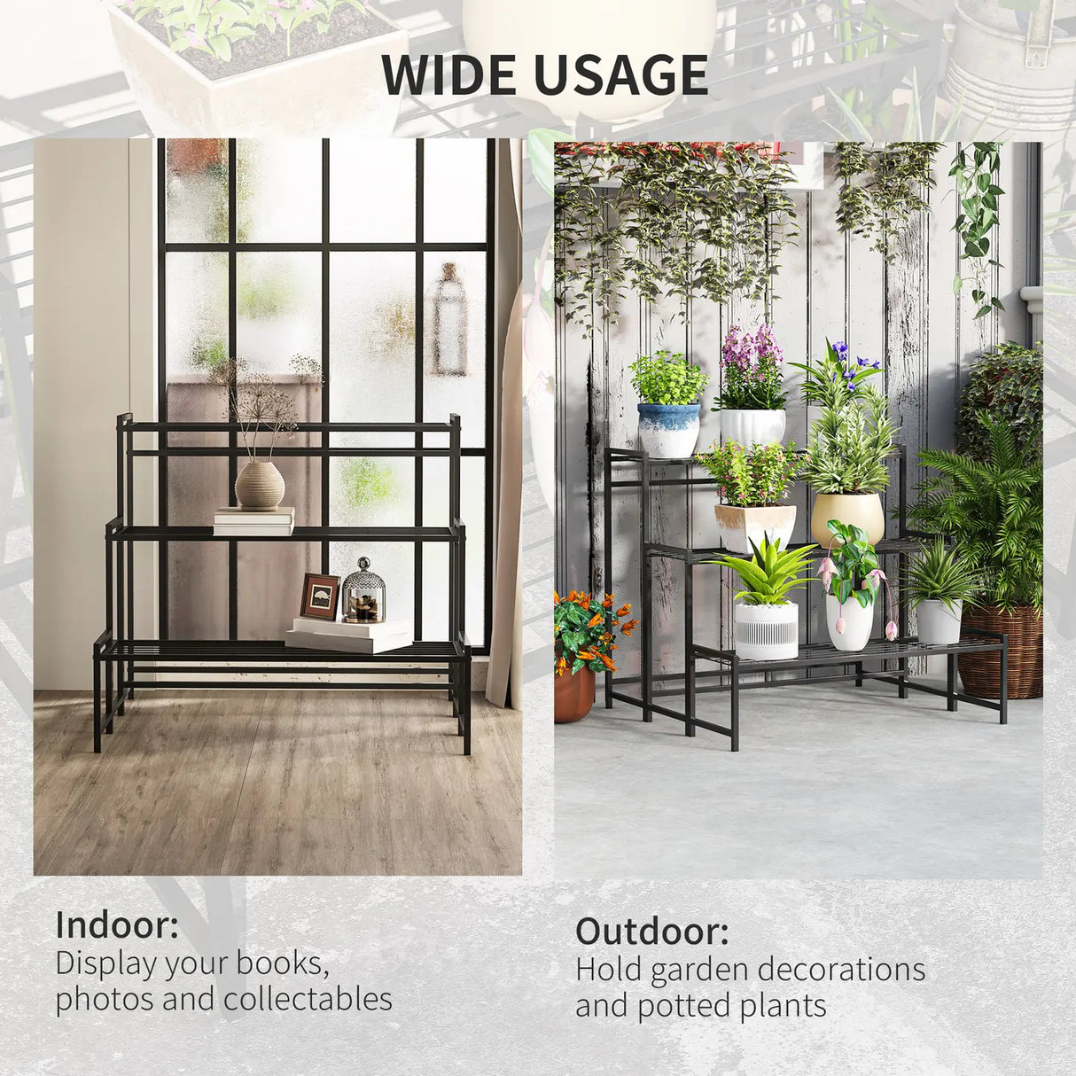 Outsunny Three-Tier Metal Plant Shelf - Black