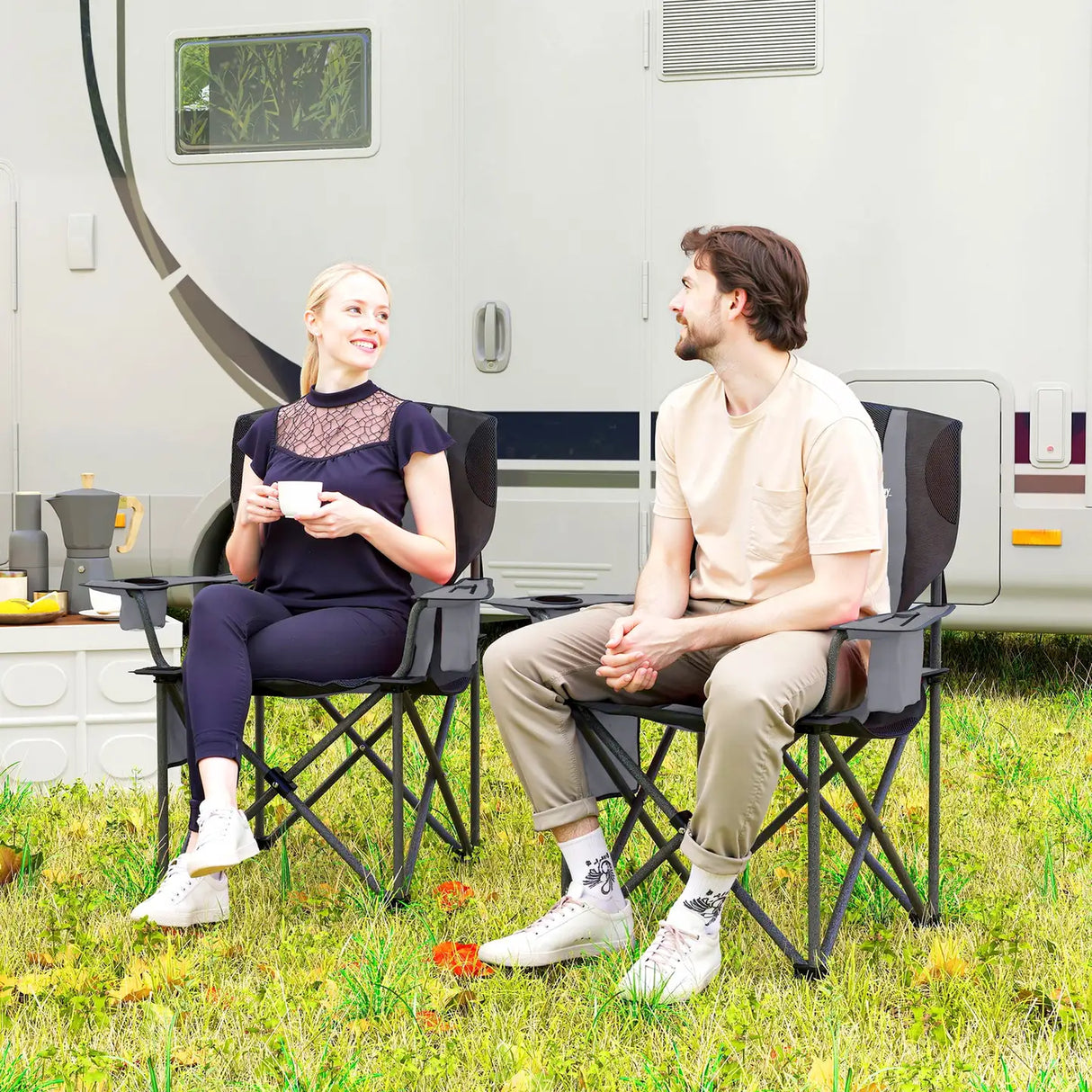 Outsunny Set of 2 Folding Camping Chairs, Padded Camping Chairs with Adjustable Armrests, Portable & Lightweight Folding Camp Chair with Cooler Bag, Cup Holder and Side Pockets, Grey