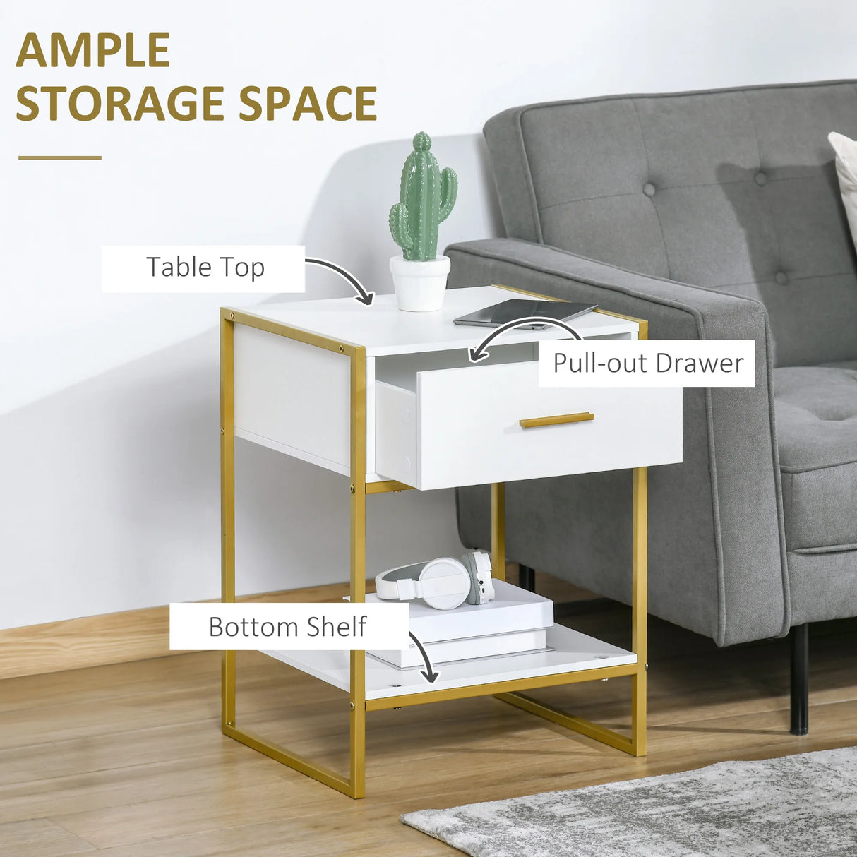 HOMCOM Bedside Table Set of 2, Modern Side Tables with Drawer and Shelf, Nightstands for Bedroom, White