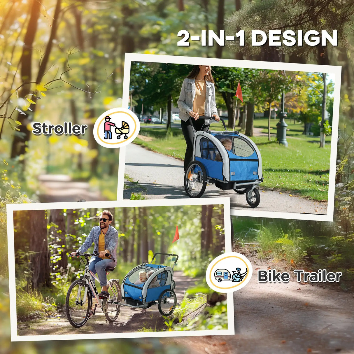 HOMCOM 2 Seat Bike Trailer with 5 Point Harness, Baby Bike Stroller with Safety Flag, Reflectors, for 18+ Months, Blue
