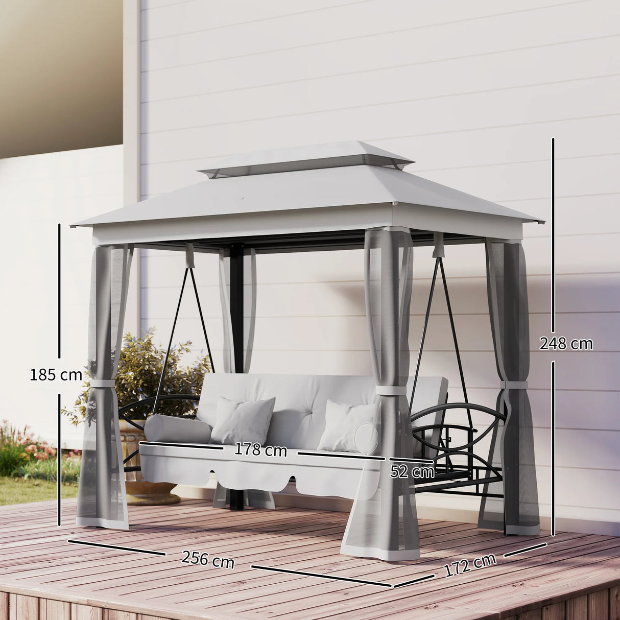 Outsunny 3 Seater Convertible Swing Chair, Outdoor Gazebo Swing Seat Bed with Double Tier Canopy, Cushioned Seat, Mesh Sidewalls, Light Grey