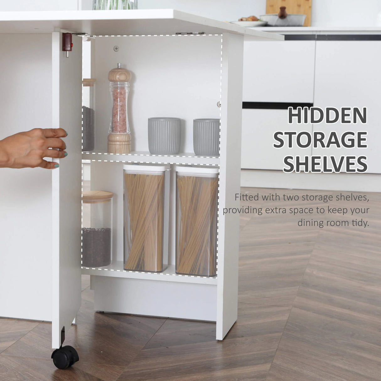 HOMCOM Folding Dining Table, Drop Leaf Table with 2-Tier Shelves, Rolling Casters, for Small Spaces, Kitchen, White