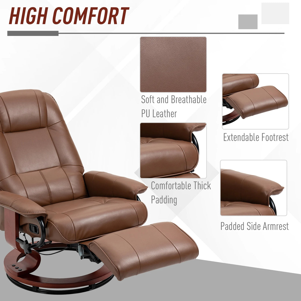 HOMCOM Faux Leather Armchair, with 145 Reclining Back and Footrest - Brown