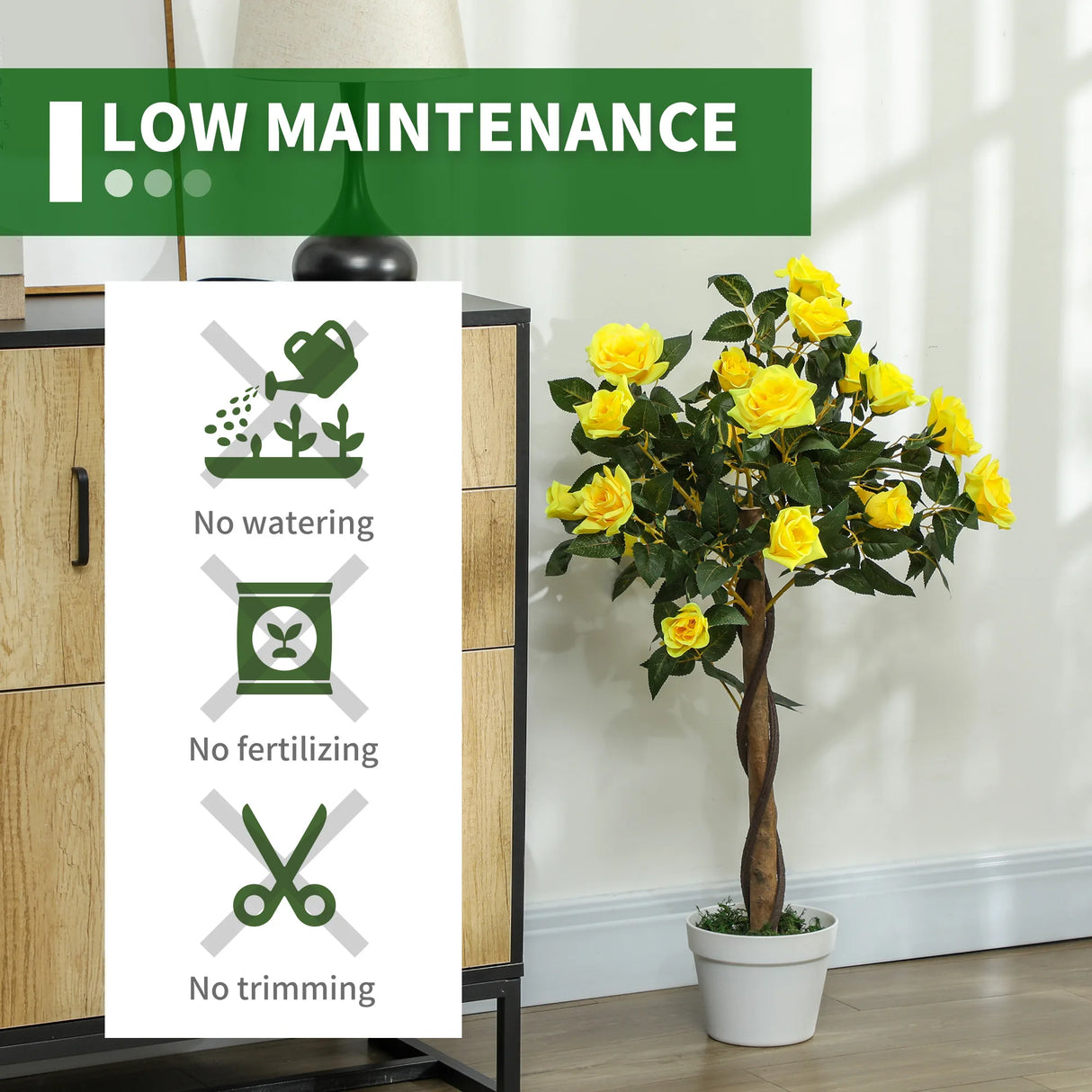 Outsunny Set of 2 Artificial Plants White Rose Floral in Pot, Fake Plants for Home Indoor Decor, 90cm, Yellow