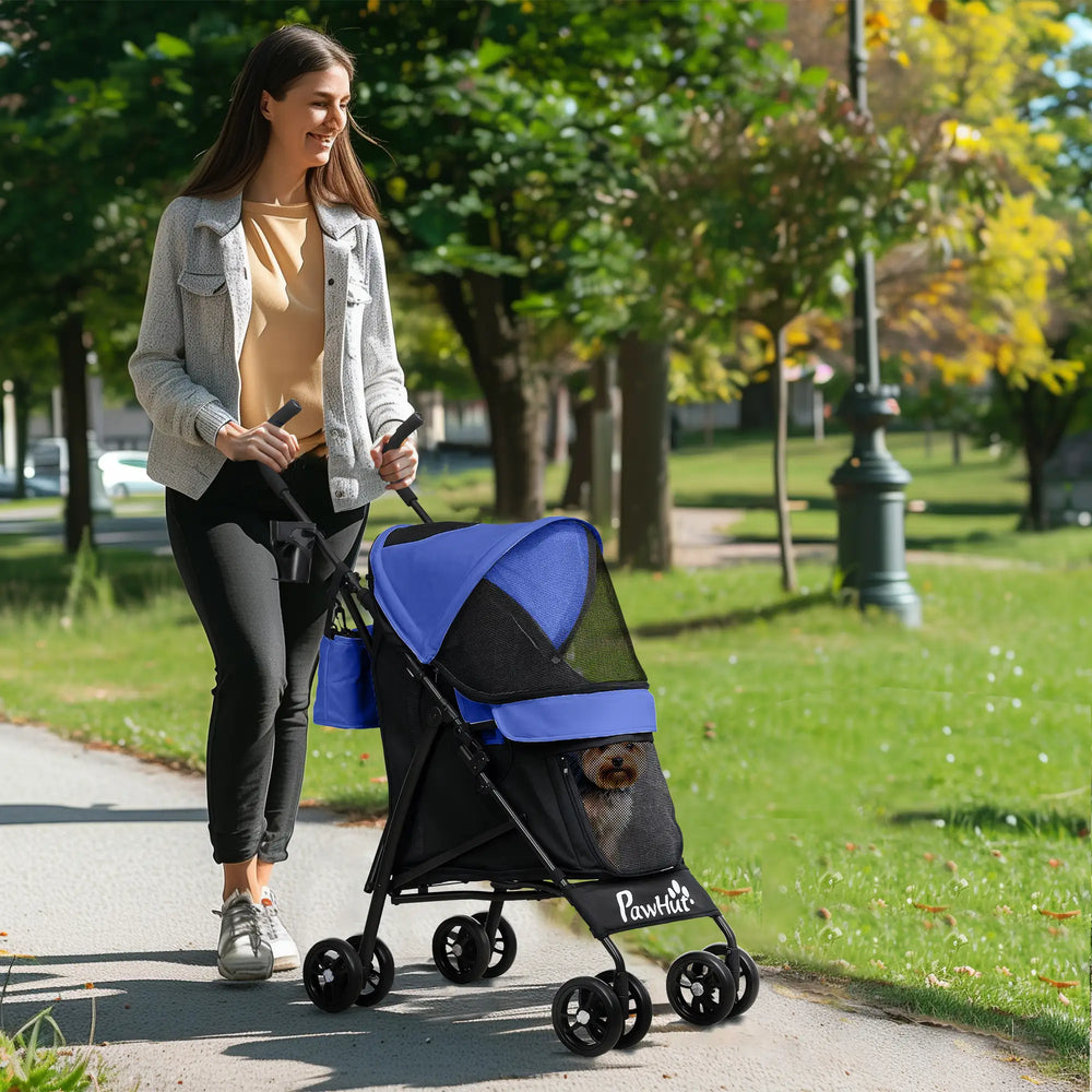 PawHut Foldable Dog Stroller, Lightweight Dog Pram w/ Shoulder Strap, Storage Bag, Cup Holder, Dark Blue