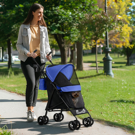 PawHut Foldable Dog Stroller, Lightweight Dog Pram w/ Shoulder Strap, Storage Bag, Cup Holder, Dark Blue