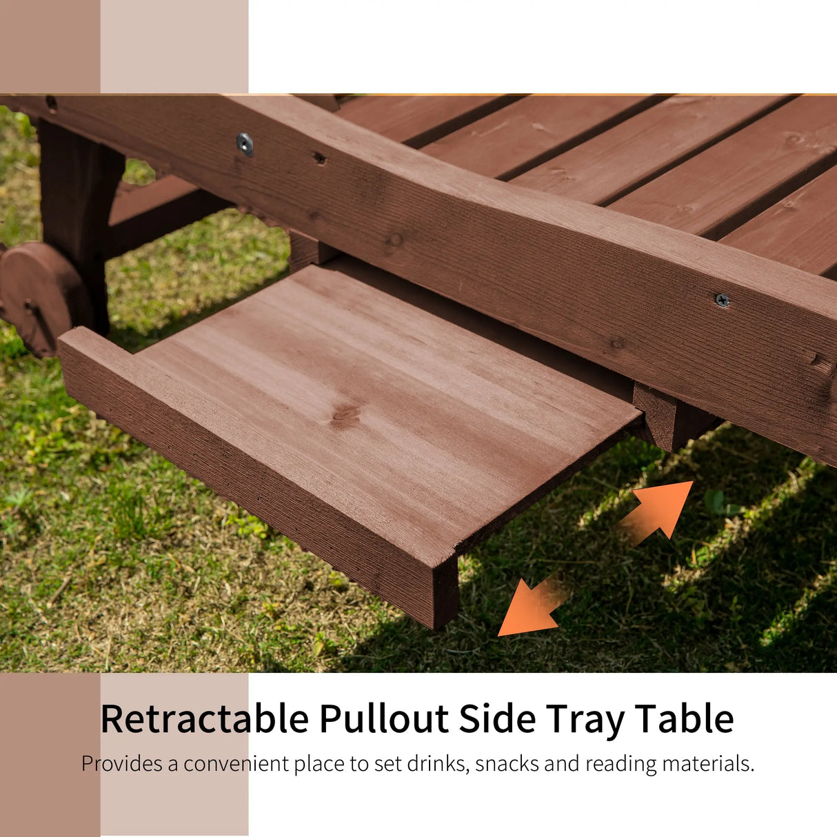 Outsunny Outdoor Wooden Lounger Chair, Sun Bed with Built-In Table, Adjustable Backrest and Wheels, Red Brown