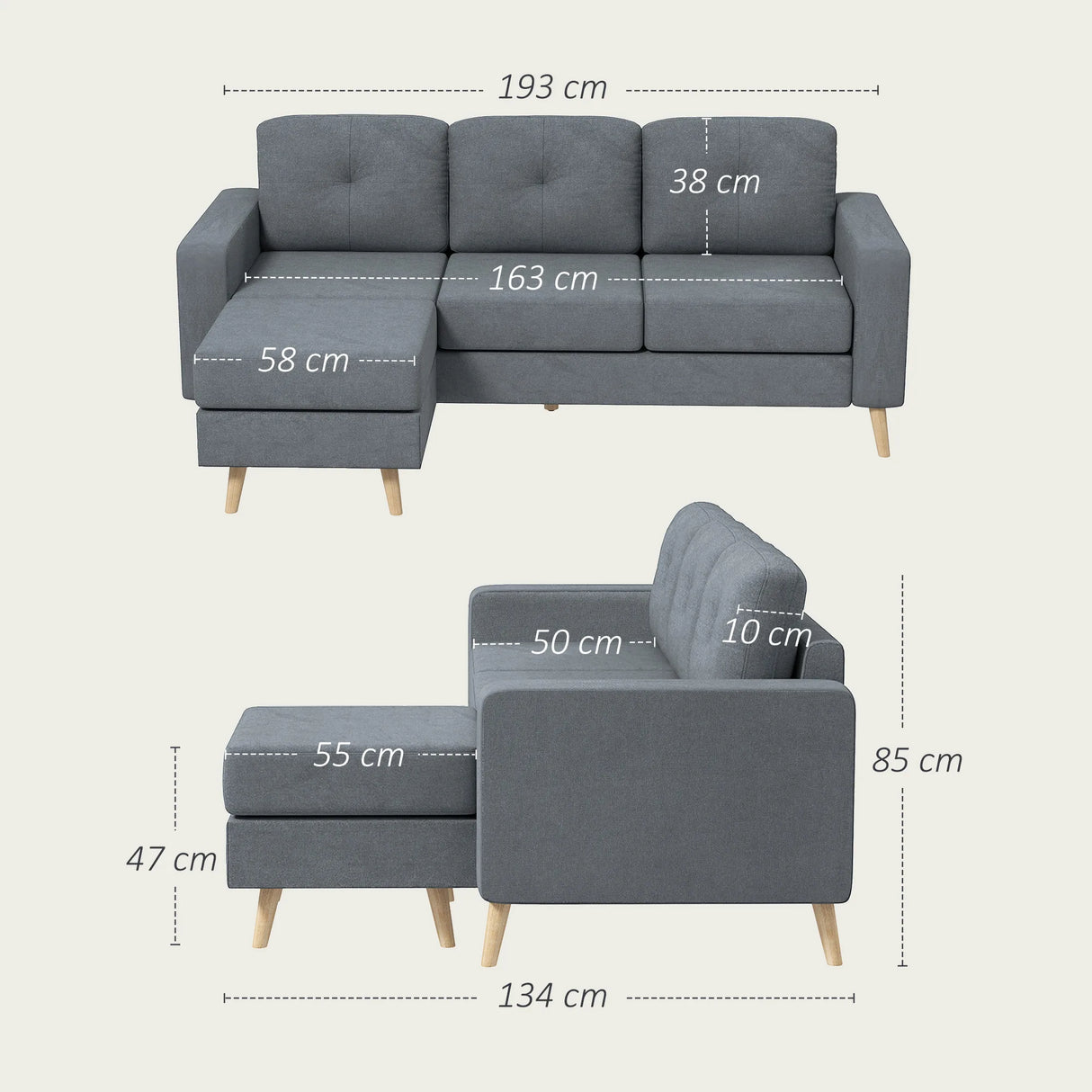 HOMCOM 3 Seater Sofa with Footstool, Fabric L-Shaped Sofa, Sectional Couch with Wood Legs, Tufting Cushioned Back for Small Space, Living Room, Office, Dark Grey
