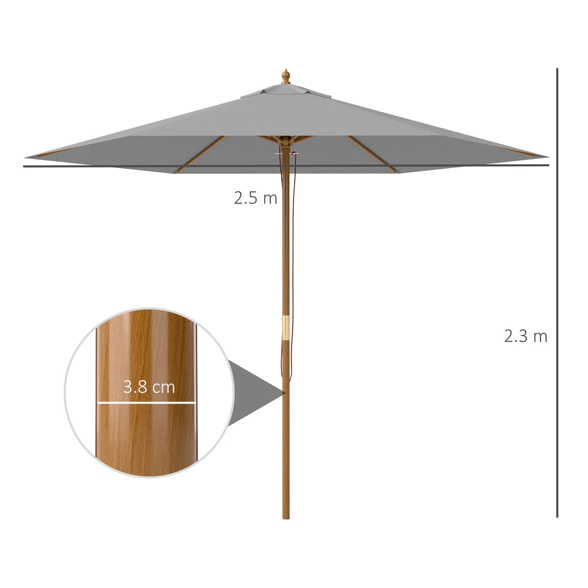 Outsunny 2.5m Wood Garden Parasol Sun Shade Patio Outdoor Wooden Umbrella Canopy, Table Market Umbrella with Vent, 38mm Pole, Rope Pulley Mechanism, Light Grey