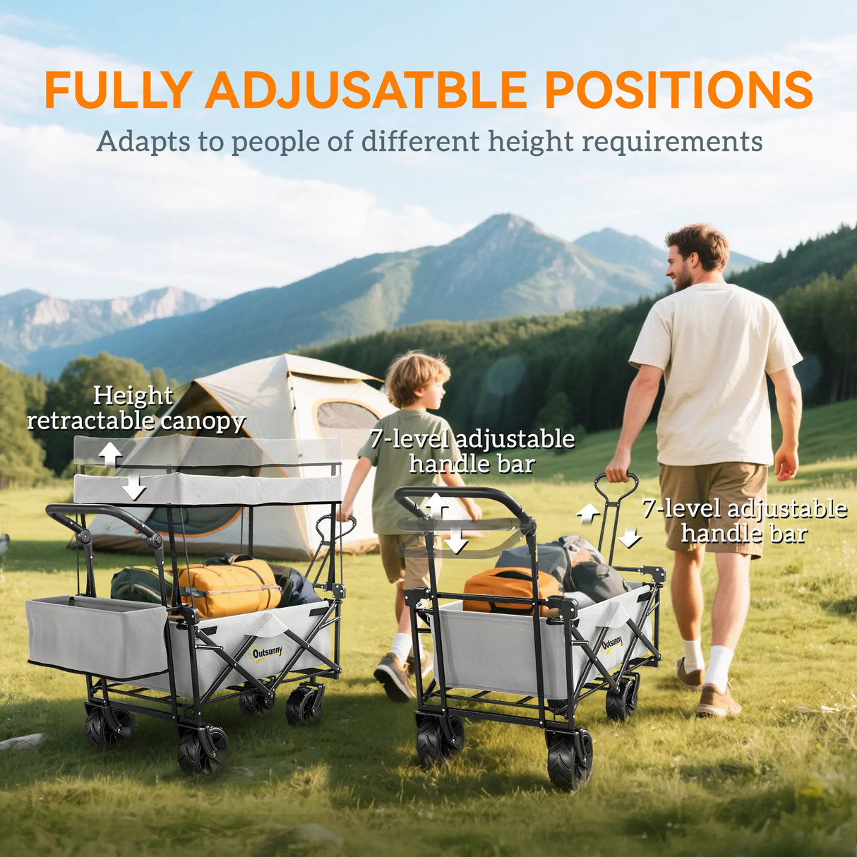 Outsunny Folding Trolley Cart Storage Wagon Beach Trailer 4 Wheels with Handle Overhead Canopy Cart Push Pull for Camping, Grey