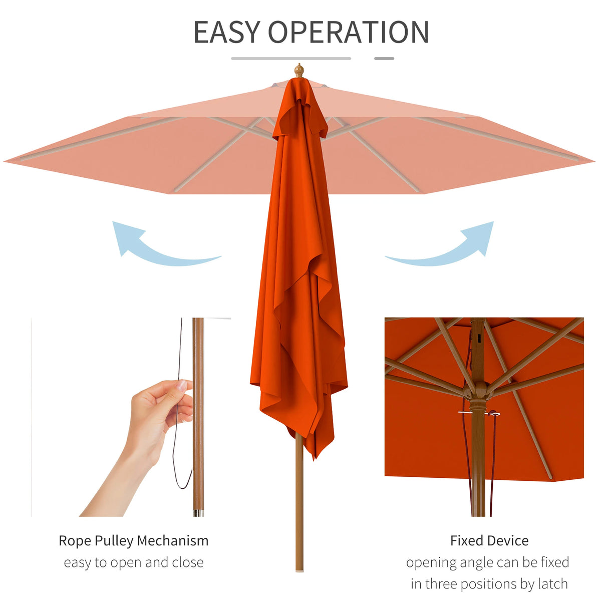 Outsunny 2.5m Wood Garden Parasol Sun Shade Patio Outdoor Wooden Umbrella Canopy, Table Market Umbrella with Vent, 38mm Pole, Rope Pulley Mechanism, Orange