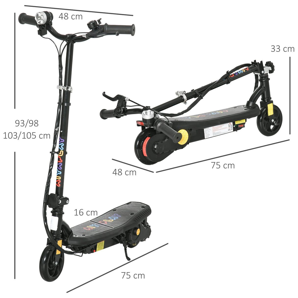HOMCOM Foldable Electric Scooter, with LED Headlights, for Ages 7-14 Years, Black