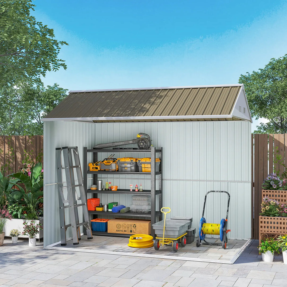 Outsunny 8 x 6 ft Galvanised Garden Shed, Outsoor Metal Storage Shed with Double Doors Window Air Vents for Patio, Lawn, Grey
