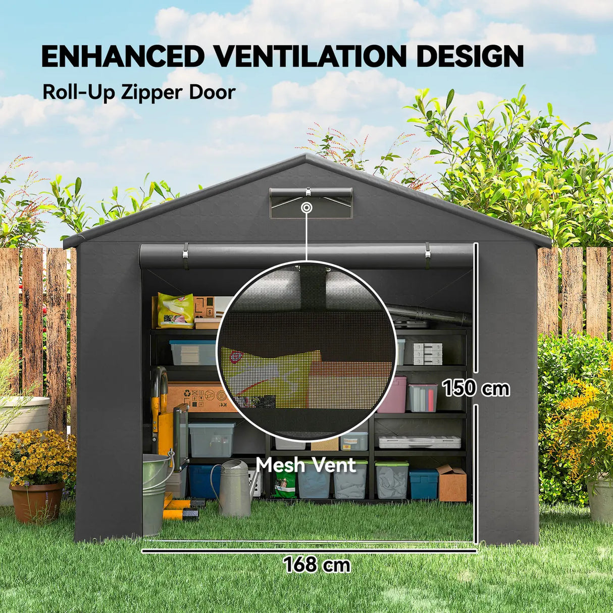 Outsunny 8 x 6 ft Outdoor Garden Storage Shed, Waterproof Bike Tent with Roll-Up Zipper Door