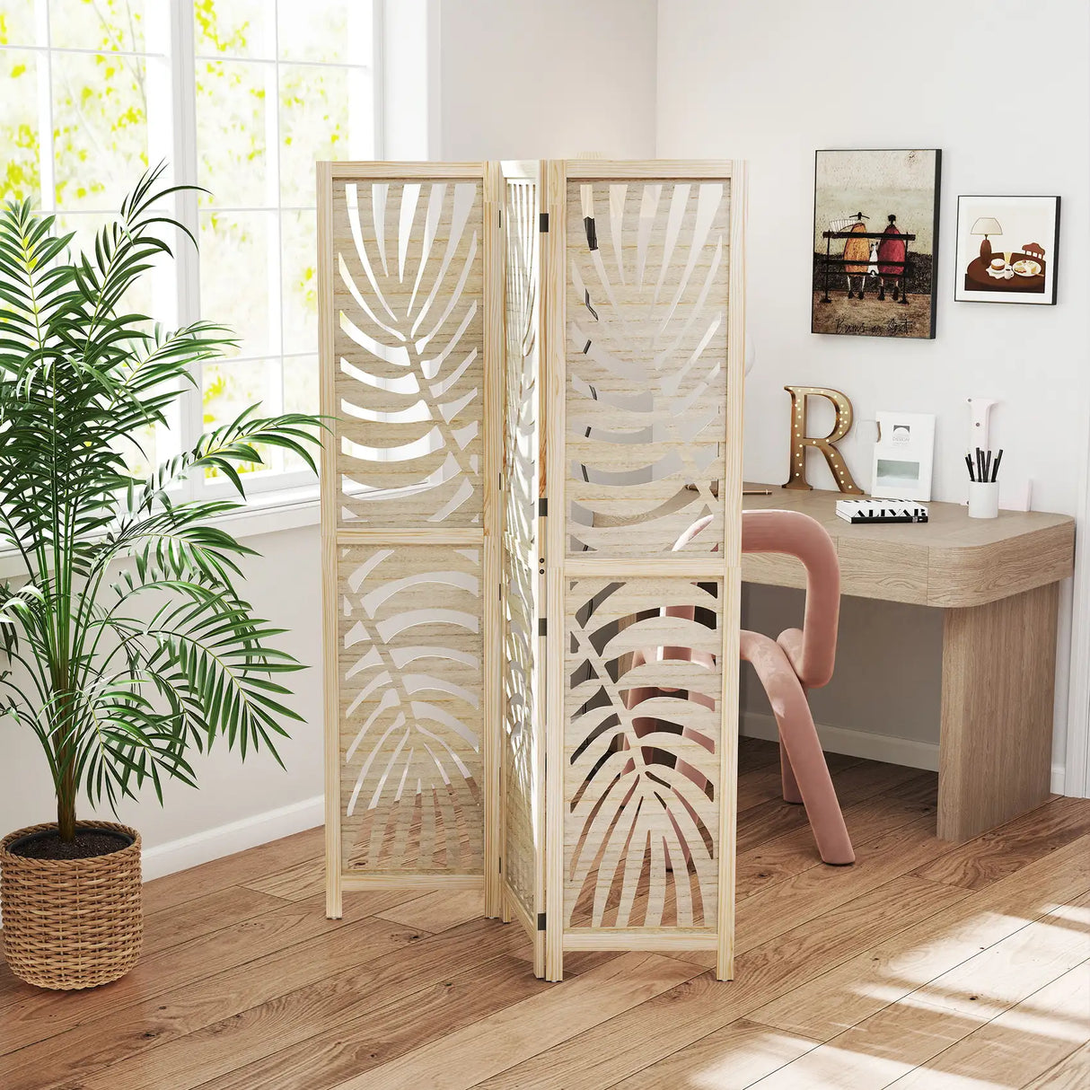 HOMCOM 3 Panel Room Divider, Detachable Folding Privacy Screens with Palm Leaf Design for Home Office, Natural Wood Finish