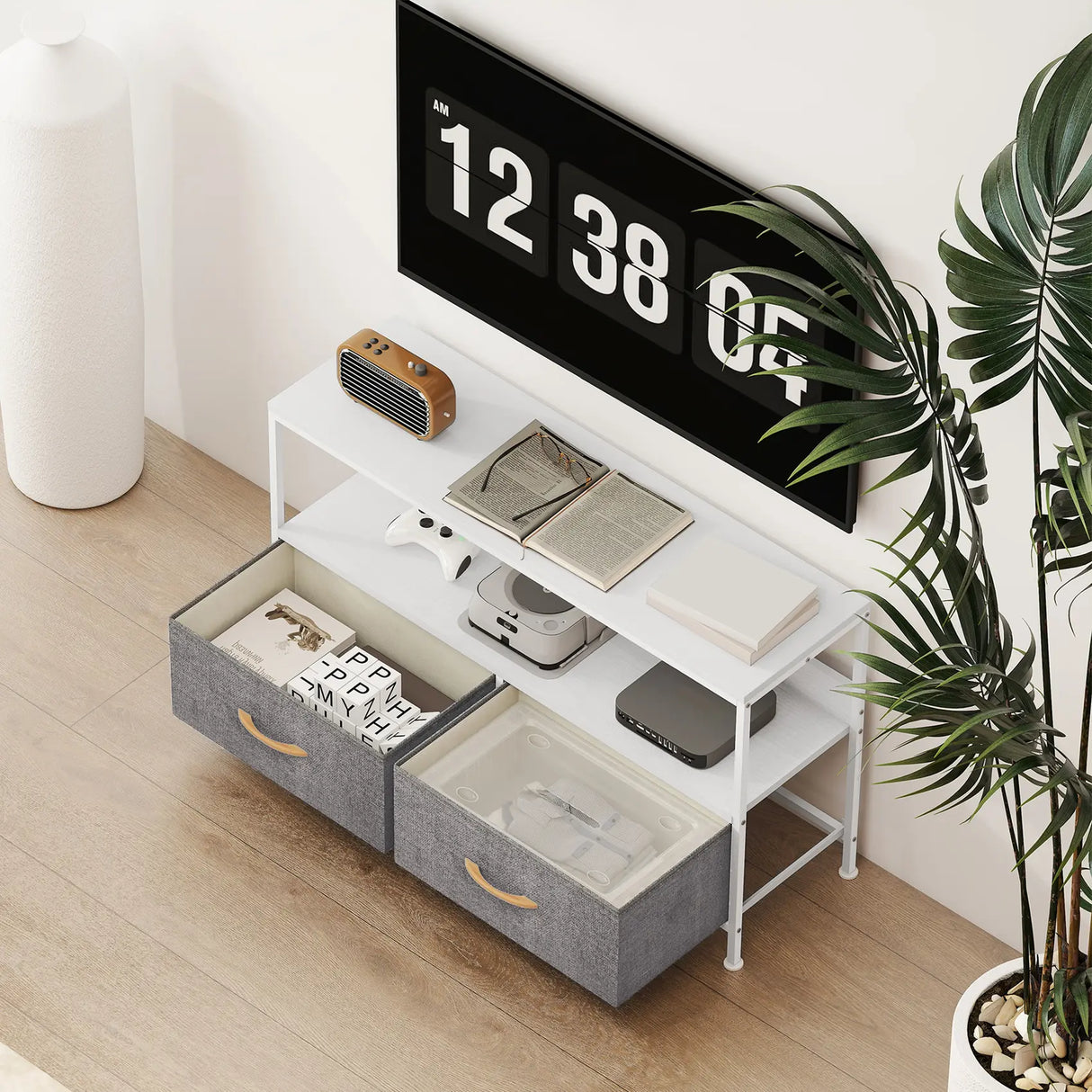 HOMCOM TV Stand Cabinet with 2 Foldable Drawers - White