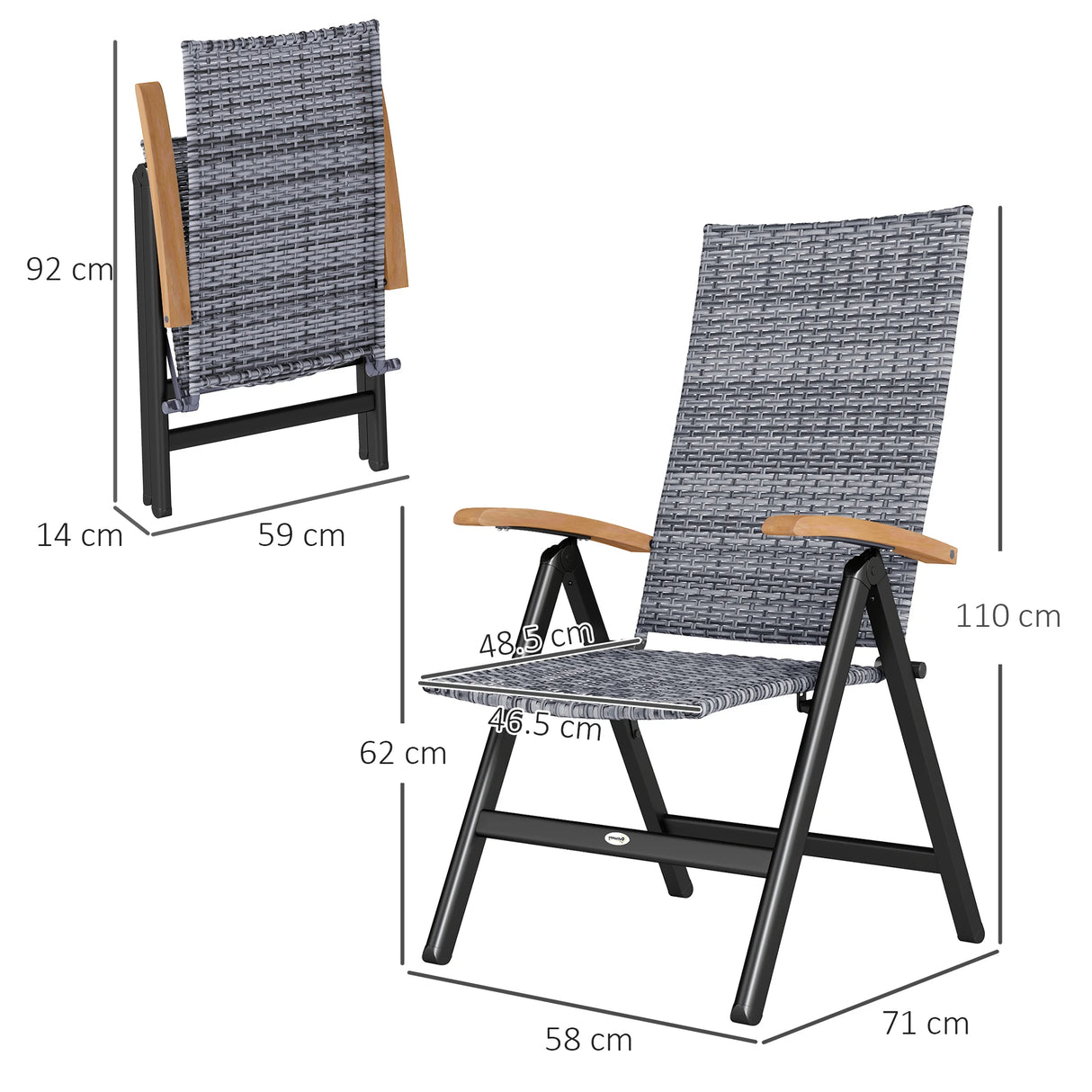 Outsunny 2 Pieces Folding Rattan Garden Dining Chairs with 5-level Reclining High Back, Wood Armrests for Outdoor - Light Grey