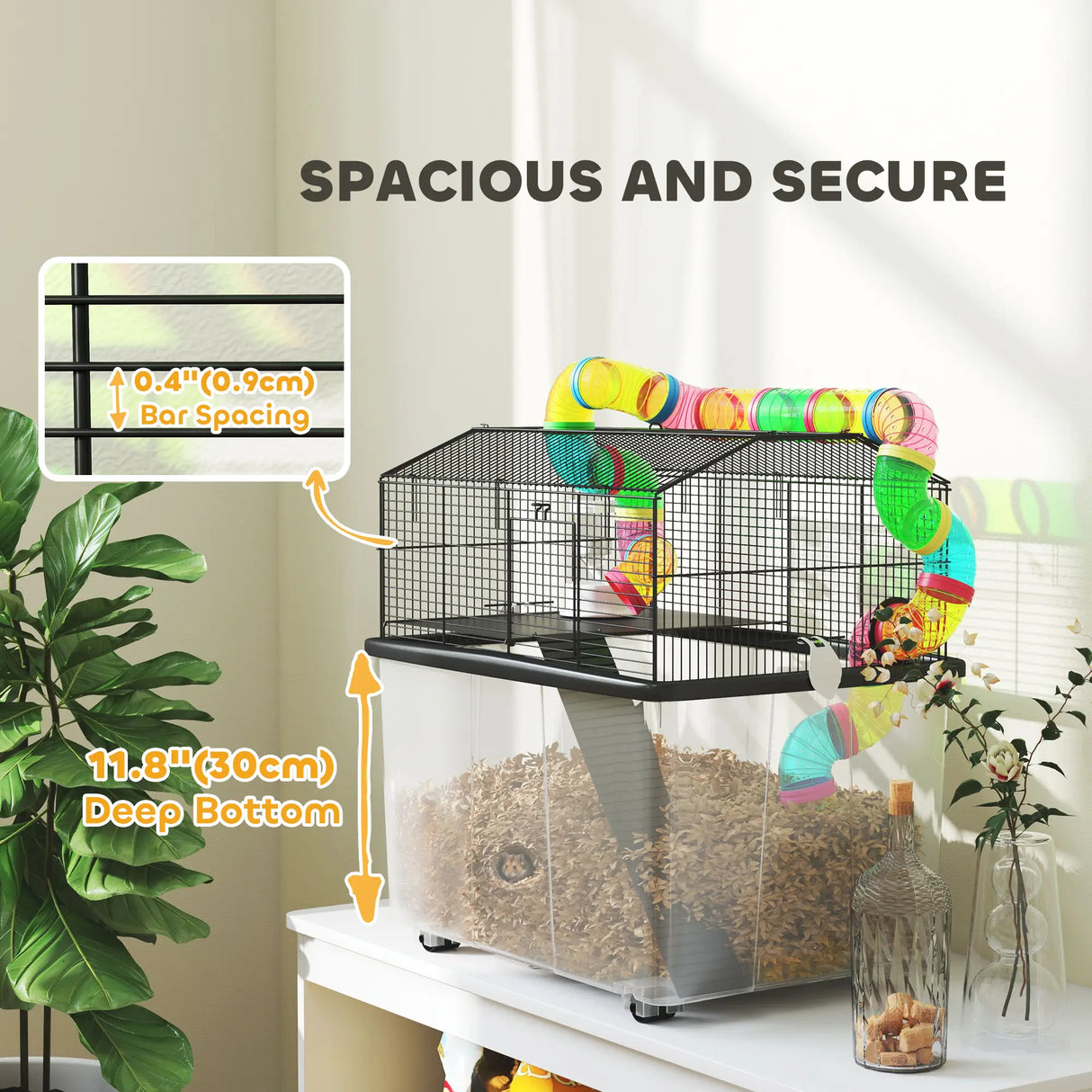 PawHut Two-Tier Hamster Cage with 31cm Deep Tray, Tube System, Water Bottle, Ramp, Feeding Bowl, Multicoloured