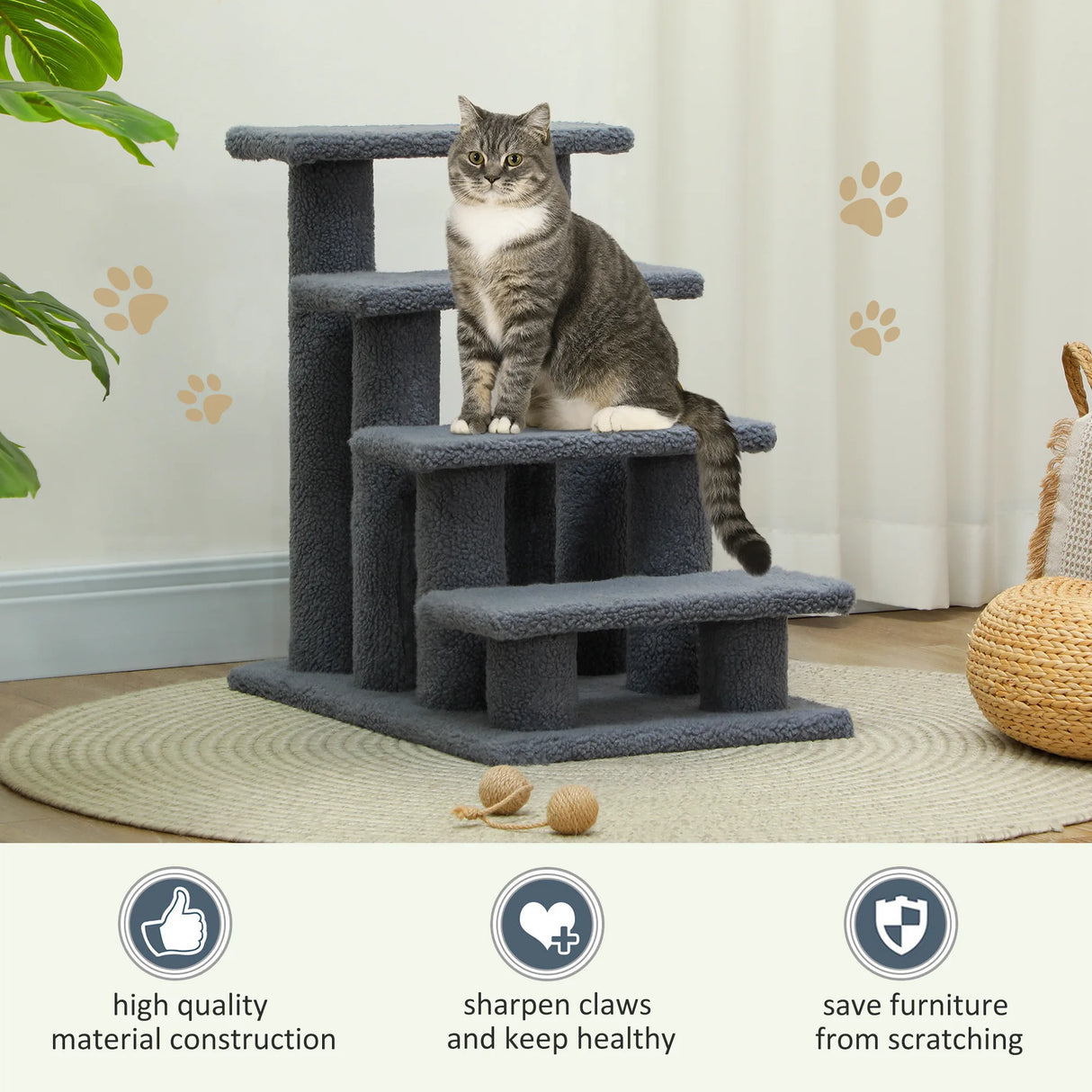 PawHut Dog Steps for Bed 4 Step Pet Stairs for Sofa Dog Cat Climb Ladder 63x43x60 cm Grey