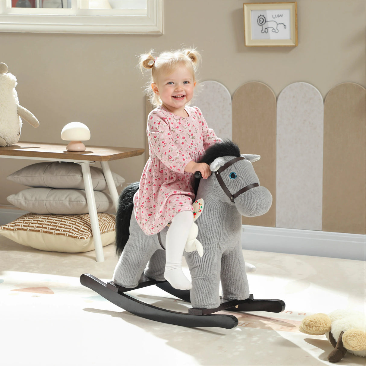 AIYAPLAY Baby Rocking Horse, Plush Ride on Toy with Handle Grip, Sound and Doll, Toddler Animal Rocker for Kids Aged 25, Grey
